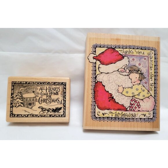 Lot of 4 Christmas Rubber Stamps Christmas Cottage Wish Hearts Santa Memories - Picture 6 of 8